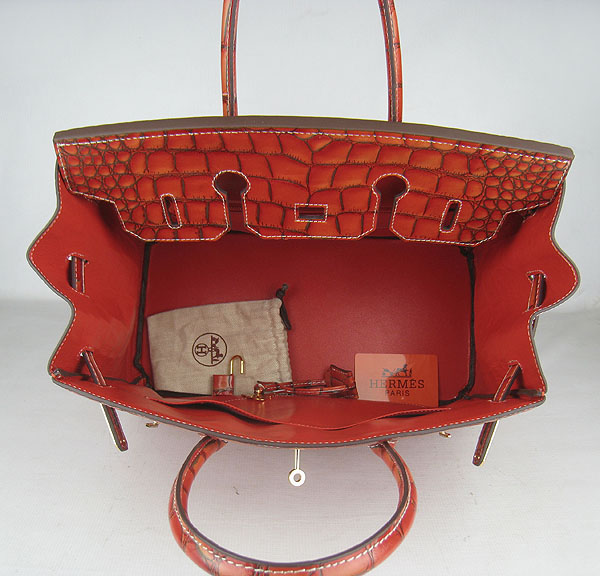 High Quality Fake Hermes Birkin 35CM Crocodile Veins Leather Bag Dark Orange 6089 - Click Image to Close